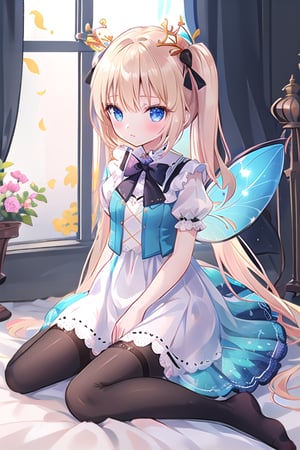 white background, long view, full _ body, fairy wings masterpiece, best quality,
(loli fairy with holograpics iridicent big wings in back),  frilled dress, ((golden yellow long hair)), twintails, bowtie, beautiful eyes, shamed, flower patterned dressed in a regal attire befitting a princess, she wears a combination of black and yellow garments adorned with intricate patterns. a crown adorns her head, inspired of queen bee, TinkerWaifu
((white background)) (not background)