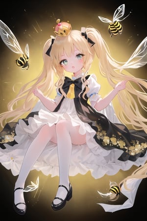 masterpiece, best quality loli with bee wings,  (full body) frilled dress, golden long hair, twintails, bowtie, beautiful eyes, shamed, flower patterned dressed in a regal attire befitting a princess, she wears a combination of black and yellow garments adorned with intricate patterns. a crown adorns her head, inspired of queen bee 
((white background)) (not background)