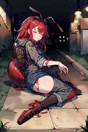 (masterpiece), best quality, expressive eyes, perfect face, 1litle girl ant_girl sleeping, solo, (portrait), (sleep full body), (on a lot of blood stain)loli female, red hair, goggles black on head like bandhead(two Red ant antennae on head), long hair, two ahoge, hair between eyes, closed eyes,Denim overall worker factory, red boots worker factory, big leather back pack ((red ant cosplay)) subway dark tunnel railroad tracks (sleeping on the floor) sleep very tired injury with blood and scars, innocent, preteen 
(Lying on the floor)