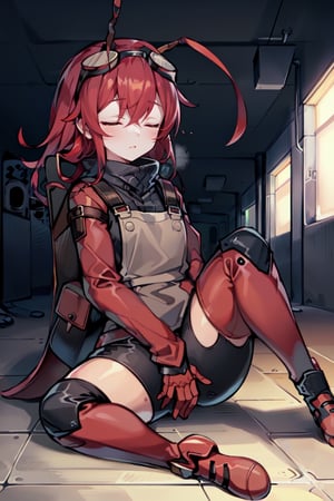 (masterpiece), best quality, expressive eyes, perfect face, 1litle girl ant_girl sleeping, solo, (portrait), (sleep full body), loli female, red hair, goggles black on head like bandhead(two Red ant antennae on head), long hair, two ahoge, hair between eyes, closed eyes,Denim overall worker factory, red boots worker factory, big leather back pack ((red ant cosplay)) subway dark tunnel (sleeping on the floor) sleep very tired injury with blood and scars, innocent, preteen 

