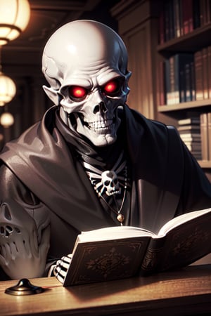 full detailed face, An old skeleton man, in the style of the Mexican Day of the Dead, with iridescent mustache and hair, a skull and (skeleton hands), a black robe, is in an old castle, surrounded by books and a spherical iridescent crystal orb to read the future.
