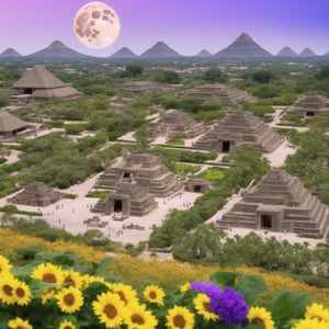 high quality epic scene, midnight, close-up of red full moon. aztec pyramid surrounded by giant sunflowers, gardens of marigolds left, gardenias rigth, violet, south, mountains in the background, sky full of stars, bees and honey decorating everything (aztec village below).