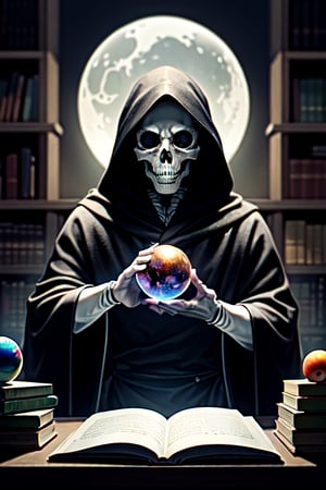 full detailed face, An old skeleton man, in the style of the Mexican Day of the Dead, with iridescent mustache, a skull and skeleton hands, a black robe, is in an old castle, surrounded by books and a spherical iridescent crystal orb to read the future.