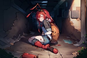 (masterpiece), best quality, expressive eyes, perfect face, 1litle girl ant_girl sleeping, solo, (portrait), (sleep full body), (on a lot of blood stain)loli female, red hair, goggles black on head like bandhead(two Red ant antennae on head), long hair, two ahoge, hair between eyes, closed eyes,Denim overall worker factory, red boots worker factory, big leather back pack ((red ant cosplay)) subway dark tunnel (sleeping on the floor) sleep very tired injury with blood and scars, innocent, preteen 
