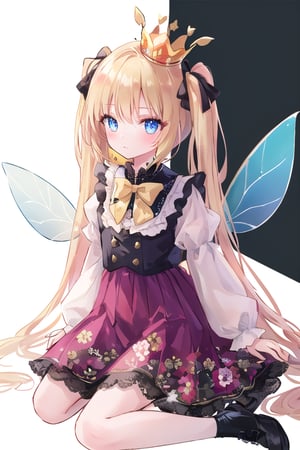 white background, long view, full _ body, fairy wings masterpiece, best quality,
(loli fairy with holograpics iridicent big wings in back),  frilled dress, ((golden yellow long hair)), twintails, bowtie, beautiful eyes, shamed, flower patterned dressed in a regal attire befitting a princess, she wears a combination of black and yellow garments adorned with intricate patterns. a crown adorns her head, inspired of queen bee
((white background)) (not background),cuteloli