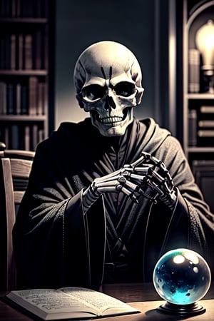 full detailed face, An old skeleton man, in the style of the Mexican Day of the Dead, with iridescent mustache and hair, a skull and skeleton hands, a black robe, is in an old castle, surrounded by books and a spherical iridescent crystal orb to read the future.