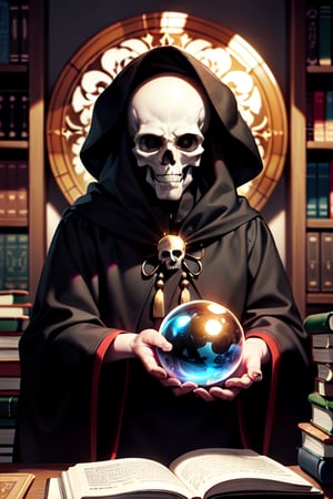 full detailed face, An old skeleton man, in the style of the Mexican Day of the Dead, with iridescent mustache and hair, a skull and skeleton hands, a black robe, is in an old castle, surrounded by books and a spherical iridescent crystal orb to read the future.