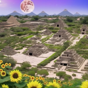 high quality epic scene, midnight, close-up of red full moon. aztec pyramid surrounded by giant sunflowers, gardens of marigolds left, gardenias rigth, violet, south, mountains in the background, sky full of stars, bees and honey decorating everything (aztec village below).
