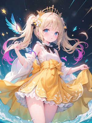 masterpiece, best quality, (loli) standing,  frilled dress,golden long hair, twintails, bowtie, beautiful eyes, shamed, dynamic angle, flower patterned dress,crystal, she possesses the wings of a bee, with iridescent litmus holographic colors that shimmer as she moves. her hair, braided in a golden yellow hue, cascades down her back. dressed in a regal attire befitting a princess, she wears a combination of black and yellow garments adorned with intricate patterns. a crown adorns her head, symbolizing her royal lineage.

her eyes, a striking shade of orange, sparkle with curiosity and determination. the image should showcase her in a cute, beautiful, and japanese anime-inspired style, with wide, expressive eyes that captivate the viewer. rosy cheeks add a touch of innocence to her visage, highlighting her youthful charm.