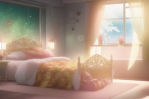 sleeping room of a princess, with bee, honey and flower decorations everywhere, elegant, with golden tones, quiet night atmosphere, bed with pillows in the shape of honeycomb hexagons, a table with a sewing machine, a round window with a landscape of flowers in the distance, moonlight coming through the window, shadows and colored holographic lights through the stained glass window (high definition, Japanese anime style).
