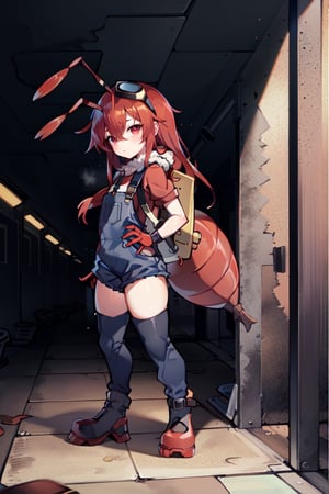 (masterpiece), best quality, expressive eyes, perfect face, looking at viewer, 1litle girl ant_girl, solo, (portrait), (full body), loli female, red hair, goggles black on head like bandhead(two Red ant antennae on head), long hair, two ahoge, hair between eyes, red eyes,Denim overall worker factory, red boots worker factory, big leather back pack ((red ant cosplay)) subway dark tunnel sleeping in the floor 