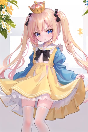 solo girl, simple background, full view, fairy wings masterpiece, best quality,
(loli fairy with holograpics iridicent big wings in back),  frilled dress, ((golden yellow long hair)), twintails, bowtie, beautiful eyes, shamed, flower patterned dressed in a regal attire befitting a princess, she wears a combination of black and yellow garments adorned with intricate patterns. a crown adorns her head, inspired of queen bee