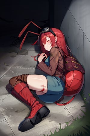 (masterpiece), best quality, expressive eyes, perfect face, 1litle girl ant_girl sleeping, solo, (portrait), (sleep full body), (on a lot of blood)loli female, red hair, goggles black on head like bandhead(two Red ant antennae on head), long hair, two ahoge, hair between eyes, closed eyes,Denim overall worker factory, red boots worker factory, big leather back pack ((red ant cosplay)) subway dark tunnel (sleeping on the floor) sleep very tired injury with blood and scars, innocent, preteen 
