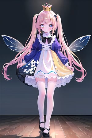fairy wings masterpiece, best quality, full view, full body, long shot,  (loli fairy with holograpics iridicent big wings in back),  walking, frilled dress, ((golden yellow long hair)), twintails, bowtie, beautiful eyes, shamed, flower patterned dressed in a regal attire befitting a princess, she wears a combination of black and yellow garments adorned with intricate patterns. a crown adorns her head, inspired of queen bee