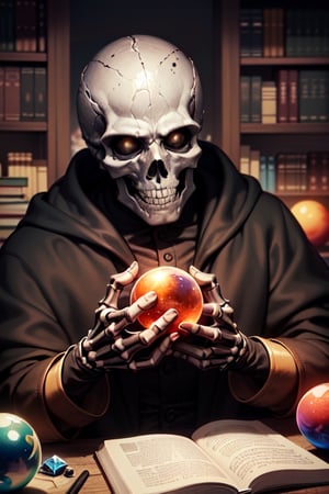 full detailed face, An old skeleton man, in the style of the Mexican Day of the Dead,, a skull and (skeleton hands), a black robe, is in an old castle, surrounded by books and a spherical iridescent crystal orb to read the future.
