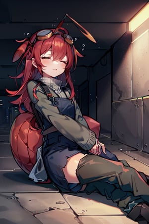 (masterpiece), best quality, expressive eyes, perfect face, 1litle girl ant_girl sleeping, solo, (portrait), (sleep full body), loli female, red hair, goggles black on head like bandhead(two Red ant antennae on head), long hair, two ahoge, hair between eyes, closed eyes,Denim overall worker factory, red boots worker factory, big leather back pack ((red ant cosplay)) subway dark tunnel (sleeping on the floor) sleep very tired innocent
