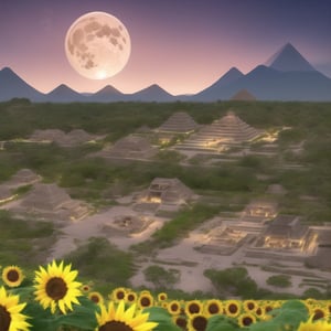 high quality epic scene, midnight, close-up of red full moon. aztec pyramid surrounded by giant sunflowers, mountains in the background, sky full of stars, bees and honey decorating everything (aztec village below).