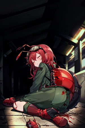 (masterpiece), best quality, expressive eyes, perfect face, 1litle girl ant_girl sleeping, solo, (portrait), (sleep full body), (on a lot of blood stain)loli female, red hair, goggles black on head like bandhead(two Red ant antennae on head), long hair, two ahoge, hair between eyes, closed eyes,Denim overall worker factory, red boots worker factory, big leather back pack ((red ant cosplay)) subway dark tunnel railroad tracks (sleeping on the floor) sleep very tired injury with blood and scars, innocent, preteen 
(Lying on the floor)