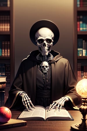 full detailed face, An old skeleton man, in the style of the Mexican Day of the Dead, with iridescent mustache and hair, a skull and (skeleton hands), a black robe, is in an old castle, surrounded by books and a spherical iridescent crystal orb to read the future.