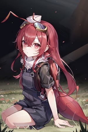 (masterpiece), best quality, expressive eyes, perfect face, looking at viewer, 1girl ant_girl, solo, (portrait), (full body), loli female, red hair,(Red ant antennae on head), long hair, ahoge, goggles black like hairband, crossed bangs, hair between eyes, red eyes,Denim overall worker factory, big leather back pack (field), lycoris radiata, sky