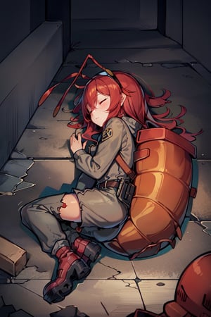 (masterpiece), best quality, expressive eyes, perfect face, 1litle girl ant_girl sleeping, solo, (portrait), (sleep full body), (on a lot of blood stain)loli female, red hair, goggles black on head like bandhead(two Red ant antennae on head), long hair, two ahoge, hair between eyes, closed eyes,Denim overall worker factory, red boots worker factory, big leather back pack ((red ant cosplay)) subway dark tunnel railroad tracks (sleeping on the floor) sleep very tired injury with blood and scars, innocent, preteen 
(Lying on the floor)very young (child)
