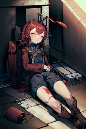 (masterpiece), best quality, expressive eyes, perfect face, 1litle girl ant_girl sleeping, solo, (portrait), (sleep full body), (on a lot of blood stain)loli female, red hair, goggles black on head like bandhead(two Red ant antennae on head), long hair, two ahoge, hair between eyes, closed eyes,Denim overall worker factory, red boots worker factory, big leather back pack ((red ant cosplay)) subway dark tunnel railroad tracks (sleeping on the floor) sleep very tired injury with blood and scars, innocent, preteen 
(Lying on the floor)very young (child)
