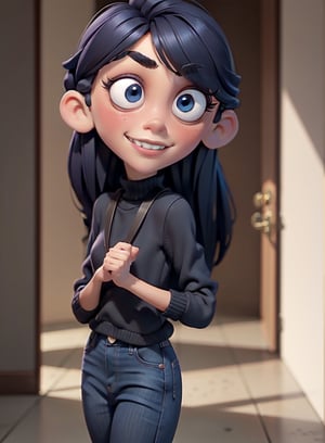 (AS-YoungerV2), 1girl, , pixar , masterpiece, best quality, 3dmm style, 3d, high quality, ultra-high details, 4k, real skin materials, (12 years: 1.4), small breasts, shy smile, looking at the viewer,
solo, VioletParr, hair over one eye, looking at viewer, (long black hair: 1.3), serious, big eyes, (light blue eyes), detailed eyes, perfect iris, (background school hallway, american style college, armed with corridor, students walking down the corridor, classroom doors), purple sweatshirt, jeans,
