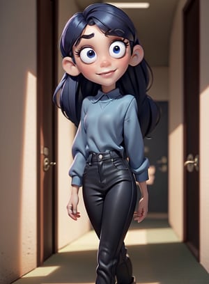 (AS-YoungerV2), 1girl, , pixar , masterpiece, best quality, 3dmm style, 3d, high quality, ultra-high details, 4k, real skin materials, (12 years: 1.4), small breasts, shy smile, looking at the viewer,
solo, VioletParr, hair over one eye, looking at viewer, (long black hair: 1.3), serious, big eyes, (light blue eyes), detailed eyes, perfect iris, (background school hallway, american style college, armed with corridor, students walking down the corridor, classroom doors), purple sweatshirt, jeans,
