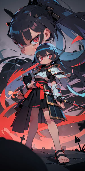 just one girl,(dinamic pose), (face of a 20 year old girl, body of a 20 year old girl), crimson red eyes, bob style hair, female samurai, armor, skirt, horror style, area lighting, color based blue and black