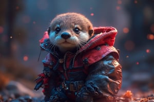 Cute Baby Otters in cyberpunk suit, playfull, happy,  cuteness overload, masterpiece, small centered composition, product shot,  wallpaper art, Rule of Thirds, delicate,lovable, tiny, best, dynamic composition, magnificent, intense, perfect background