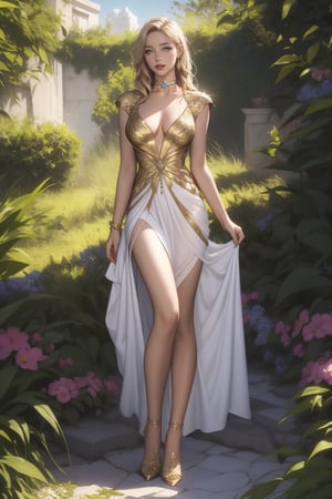 Aphrodite , full body potrait of a photorealistic beautiful seductress, messy hair, in a greek garden, exotic white and gold vilain dress, choker style colar, bright color eyes, full body, dark fantasy, flowers, sun rays, overcast