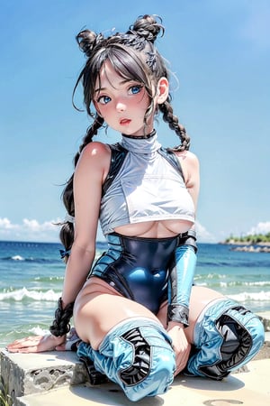 1girl, underboob, cute expression, puffy cheeks, (2 braids on both sides), (2 hair buns on top), blue eyes, beautiful face, (flat chested), pale skin, black_hair, long hair, (tight white and blue racing outfit), full body, sitting, robotic left arm, futiristic, sitting, open mouth,  alone,