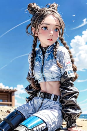 1girl, underboob, skinny, cute expression, puffy cheeks, (2 braids on both sides), (2 hair buns on top), blue eyes, beautiful face, (flat chested), pale skin, black_hair, long hair, (tight white and blue moto racing outfit), full body, sitting, robotic left arm, futiristic, sitting, open mouth,  alone,