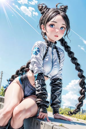 1girl, underboob, skinny, cute expression, puffy cheeks, (2 braids on both sides), (2 hair buns on top), blue eyes, beautiful face, (flat chested), pale skin, black_hair, long hair, (tight white and blue moto racing outfit), full body, sitting, blushing, futiristic, sitting, open mouth,  alone,