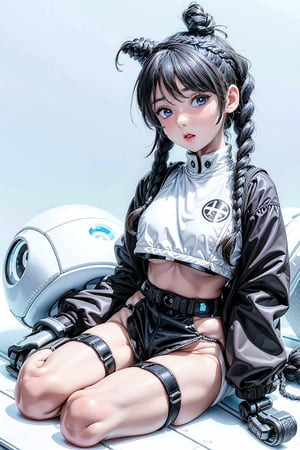 1girl, underboob, cute expression, puffy cheeks, braids on boths sides, blue eyes, beautiful face, flat chested, pale skin, black_hair, long hair, (white and black racing two piece outfit), full body, sitting, robotic left arm, futiristic, sitting, open mouth,  alone,