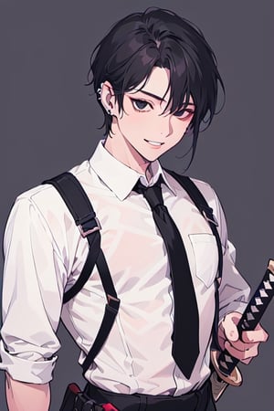  1boy,  black eyes, black hair, black necktie, chest harness,  collared shirt, ear piercing, harness, katana,  necktie,  parted lips, piercing, sheath,  sheathed, shirt, simple background, smile, solo, sword, upper body,  weapon, white background, white shirt