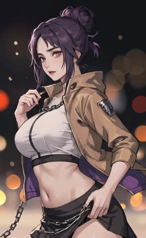(masterpiece), (extremely intricate:1.3), (realistic), (portrait of Anko Mitarashi from Naruto Shippuden), (dark purple hair), high spikey bun with bangs, (she is wearing a pale brown jacket, a chainmail mesh top and dark brown skirt), the most beautiful in the world, (right side view), metal reflections, (hourglass body figure), (big hips), (thick hips), she is on a street, intense sunlight, professional photograph of a stunning woman detailed, sharp focus, dramatic, award winning, cinematic lighting, octane render  unreal engine,  volumetrics dtx, (film grain, blurry background, blurry foreground, bokeh, depth of field, motion blur:1.3), chainmail, her pleasure expression is looking to the viewer