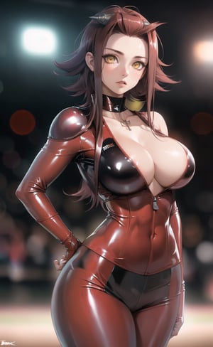 (masterpiece), (extremely intricate:1.3), (realistic), (portrait of Aki Izayoi:1.4), (amber eyes:1.5), (shoulder length hair), (dark red hair:1.4),  the most beautiful in the world, (she is wearing a tight red latex sports uniform:1.4), (big boobs), (thick hips), metal reflections, intense sunlight, (she is on a stadium), professional photograph of a stunning woman detailed, sharp focus, dramatic, award winning, cinematic lighting, octane render  unreal engine,  volumetrics dtx, (film grain, blurry background, blurry foreground, bokeh, depth of field, motion blur:1.3), her pleasure expression is looking to the viewer:1.2