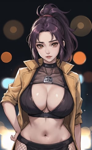 (masterpiece), (extremely intricate:1.3), (realistic), (portrait of Anko Mitarashi from Naruto Shippuden), Brown eyes:1.2, ((forehead protector from Konoha)), (dark purple hair), (high combed upward ponytail hairstyle with bangs), she is wearing a pale brown jacket, ((a mesh top:1.2)), ((fishnet top)), and dark brown skirt, the most beautiful in the world, metal reflections, (hourglass body figure), (big hips), (thick hips), she is on a street, intense sunlight, professional photograph of a stunning woman detailed, sharp focus, dramatic, award winning, cinematic lighting, octane render  unreal engine,  volumetrics dtx, (film grain, blurry background, blurry foreground, bokeh, depth of field, motion blur:1.3), her pleasure expression is looking to the viewer