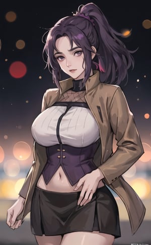 (masterpiece), (extremely intricate:1.3), (realistic), (portrait of Anko Mitarashi from Naruto Shippuden), purple eyes:1.2, (dark purple long hair), (high spiky ponytail tail with bangs), (she is wearing a pale brown jacket, a fishnet blouse top and dark brown skirt), the most beautiful in the world, metal reflections, (hourglass body figure), (big hips), (thick hips), she is on a street, intense sunlight, professional photograph of a stunning woman detailed, sharp focus, dramatic, award winning, cinematic lighting, octane render  unreal engine,  volumetrics dtx, (film grain, blurry background, blurry foreground, bokeh, depth of field, motion blur:1.3), her pleasure expression is looking to the viewer