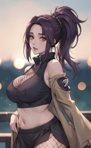 (masterpiece), (extremely intricate:1.3), (realistic), (portrait of Anko Mitarashi from Naruto Shippuden), Brown eyes:1.2, ((wearing forehead protector from Konoha)), (bandana on her forehead), (dark purple hair), (high combed upward ponytail hairstyle with bangs), she is wearing a pale brown jacket, ((a mesh top:1.2)), ((fishnet top)), and dark brown skirt, the most beautiful in the world, metal reflections, (hourglass body figure), (big hips), (thick hips), she is on a street, intense sunlight, professional photograph of a stunning woman detailed, sharp focus, dramatic, award winning, cinematic lighting, octane render  unreal engine,  volumetrics dtx, (film grain, blurry background, blurry foreground, bokeh, depth of field, motion blur:1.3), her pleasure expression is looking to the viewer