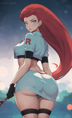 (masterpiece), (extremely intricate:1.3), (realistic), (portrait of Jessie from pokemon:1.4), (blue eyes:1.5), (long hair:1.4), (red hair:1.4),  the most beautiful in the world, (she is wearing her uniform:1.5), (fishnets:1.3), (thick hips), (rear view:1.2), metal reflections, (hourglass body figure), intense moonlight, professional photograph of a stunning woman detailed, sharp focus, dramatic, award winning, cinematic lighting, octane render  unreal engine,  volumetrics dtx, (film grain, blurry background, blurry foreground, bokeh, depth of field, motion blur:1.3), chainmail, her pleasure expression is looking to the viewer ,officer jenny,nurse joy,pokemon,jessie\(pokemon\)