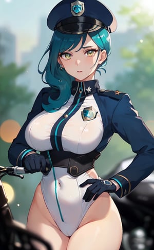 (masterpiece), (extremely intricate:1.3), (realistic), (portrait of officer Jenny from pokemon), (amber eyes:1.5), (long hair:1.4), (turquoise hair:1.4), long ponytail hairstyle with side bangs:1.7, the most beautiful in the world, (she is wearing a dark blue police uniform with hat:1.5), metal reflections, (hourglass body figure), she is on a street riding her motorcycle:1.3, intense sunlight, professional photograph of a stunning woman detailed, sharp focus, dramatic, award winning, cinematic lighting, octane render  unreal engine,  volumetrics dtx, (film grain, blurry background, blurry foreground, bokeh, depth of field, motion blur:1.3), chainmail, her pleasure expression is looking to the viewer 