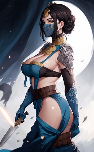(masterpiece),  (extremely intricate:1.3),  (realistic),  (portrait of Kitana), the most beautiful in the world, facemask, large hair:1.2, big boobs, innerboob, she is wearing her blue attire:1.3, holding knives:1.3, view from side:1.2, metal reflections, she is on a fight arena, (thick hips), intense moonlight, professional photograph of a stunning woman detailed, sharp focus,  dramatic, award winning, cinematic lighting,  octane render, unreal engine,  volumetrics dtx,  (film grain,  blurry background,  blurry foreground,  depth of field,  motion blur:1.3),  she is sexy smiling looking at viewer,kitana
