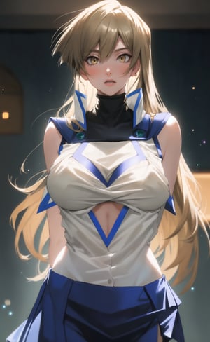 (masterpiece), (extremely intricate:1.3), (realistic), (portrait of Asuka Tenjouin:1.4), (dark amber eyes:1.2), (long hair), (dark blonde hair:1.4),  the most beautiful in the world, (she is wearing a white scholar blouse and blue skirt:1.4), (hourglass body figure), (big boobs), (underboob), (thick hips), metal reflections, intense sunlight, (she is on a classroom), professional photograph of a stunning woman detailed, sharp focus, dramatic, award winning, cinematic lighting, octane render  unreal engine,  volumetrics dtx, (film grain, blurry background, blurry foreground, bokeh, depth of field, motion blur:1.3), her pleasure expression is looking to the viewer:1.2