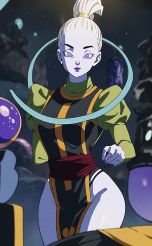 (masterpiece), (extremely intricate:1.3), (realistic), (portrait of Vados from dragon ball), the most beautiful in the world, (pale blue skin), (she is wearing her attire with a loincloth), metal reflections, (thick hips), she is on a space ship, intense moonlight, professional photograph of a stunning woman detailed, sharp focus, dramatic, award winning, cinematic lighting, octane render  unreal engine,  volumetrics dtx, (film grain, blurry background, blurry foreground, depth of field, motion blur:1.3), she is smiling looking at viewer,Vados_DB