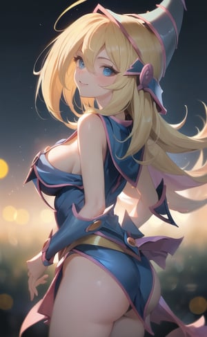 (masterpiece), (extremely intricate:1.3), (realistic), (portrait of Dark magician girl:1.4), (blue eyes:1.2), (long hair), ( blonde hair:1.4),  the most beautiful in the world, (she is wearing her dark magician attire:1.4), (hourglass body figure), (big boobs), (underboob), (thick thighs), (view from back:1.2), metal reflections, intense moonlight, (she is on a mountain), professional photograph of a stunning woman detailed, sharp focus, dramatic, award winning, cinematic lighting, octane render  unreal engine,  volumetrics dtx, (film grain, blurry background, blurry foreground, bokeh, depth of field, motion blur:1.3), she is sexy smiling to the viewer:1.2