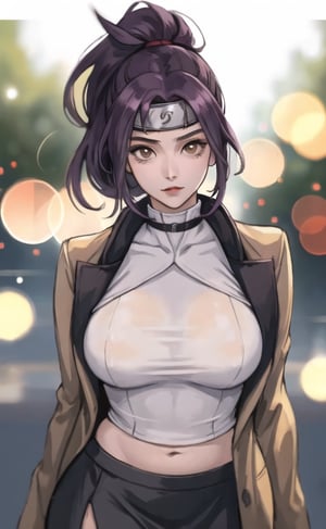 (masterpiece), (extremely intricate:1.3), (realistic), (portrait of Anko Mitarashi from Naruto Shippuden), Brown eyes:1.2, (forehead protector from Konoha), (dark purple hair), (high combed upward ponytail hairstyle with bangs), (she is wearing a pale brown jacket, a fishnet blouse top and dark brown skirt), the most beautiful in the world, metal reflections, (hourglass body figure), (big hips), (thick hips), she is on a street, intense sunlight, professional photograph of a stunning woman detailed, sharp focus, dramatic, award winning, cinematic lighting, octane render  unreal engine,  volumetrics dtx, (film grain, blurry background, blurry foreground, bokeh, depth of field, motion blur:1.3), her pleasure expression is looking to the viewer