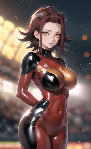 (masterpiece), (extremely intricate:1.3), (realistic), (portrait of Aki Izayoi:1.4), (dark amber eyes:1.5), (shoulder length hair), (dark red hair:1.4),  the most beautiful in the world, (she is wearing a tight red latex sports uniform:1.4), (big boobs), (thick hips), (rear view), metal reflections, intense sunlight, (she is on a stadium), professional photograph of a stunning woman detailed, sharp focus, dramatic, award winning, cinematic lighting, octane render  unreal engine,  volumetrics dtx, (film grain, blurry background, blurry foreground, bokeh, depth of field, motion blur:1.3), her pleasure expression is looking to the viewer:1.2