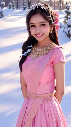 In the snow, Outdoor, Well lit face, Beautiful dress, Pink color dress,
Tamil, Hindu, Traditional, Smile, Dynamic lighting,
Only one person